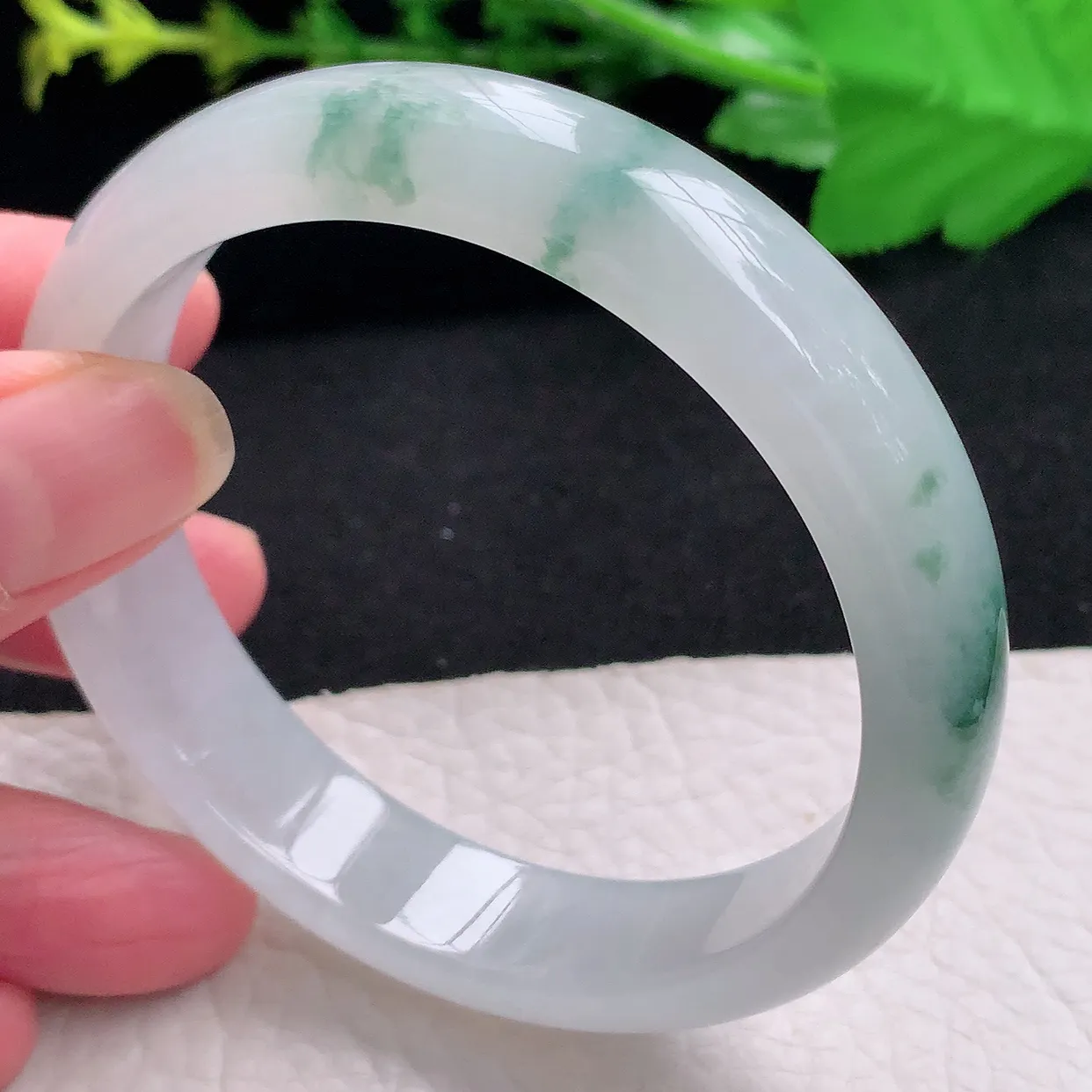 pj自然光58*13*7.3平安镯 天然缅甸翡翠a货冰飘花宽边珠宝玉手镯