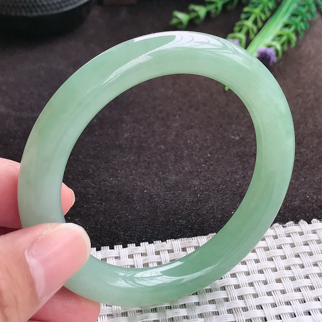 自然光56/9.9/10老坑冰胶果冻冰晴甜绿圆条手镯翡翠玉镯手环