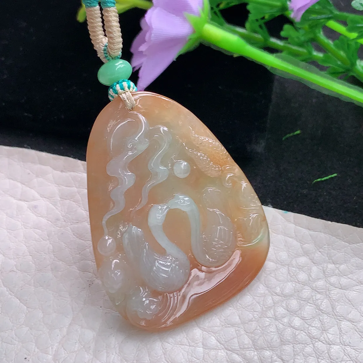 mut自然耀43*34.5*6.2天然缅甸翡翠黄翡双彩巧雕百年好合吊坠