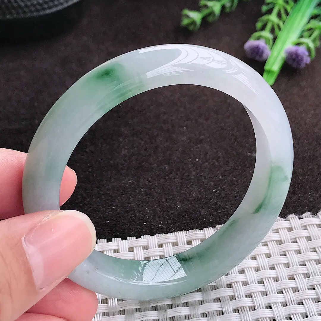 自然光51.8/11.2/7.5老坑冰胶水灵飘花手镯小圈口宽边翡翠玉镯手环