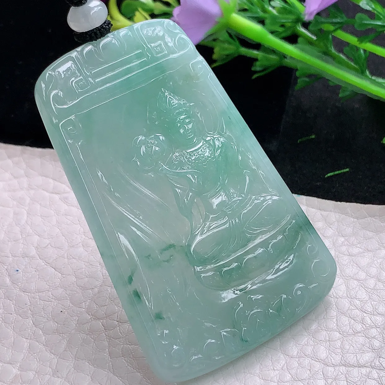 mut自然光65.5*43*4.8天然缅甸翡翠飘花坐莲观音吊坠四六牌大势至菩萨