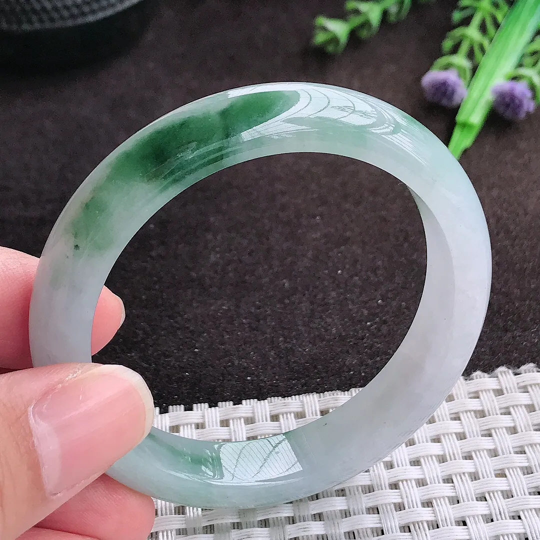 自然光51.8/11.2/7.5老坑冰胶水灵飘花手镯小圈口宽边翡翠玉镯手环