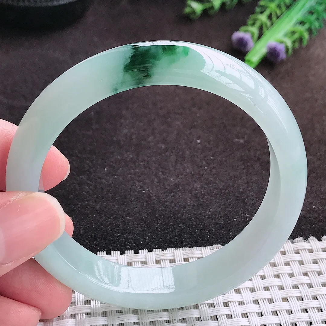 自然光57.5/12/8老坑冰胶果冻飘花手镯宽边翡翠玉镯手环