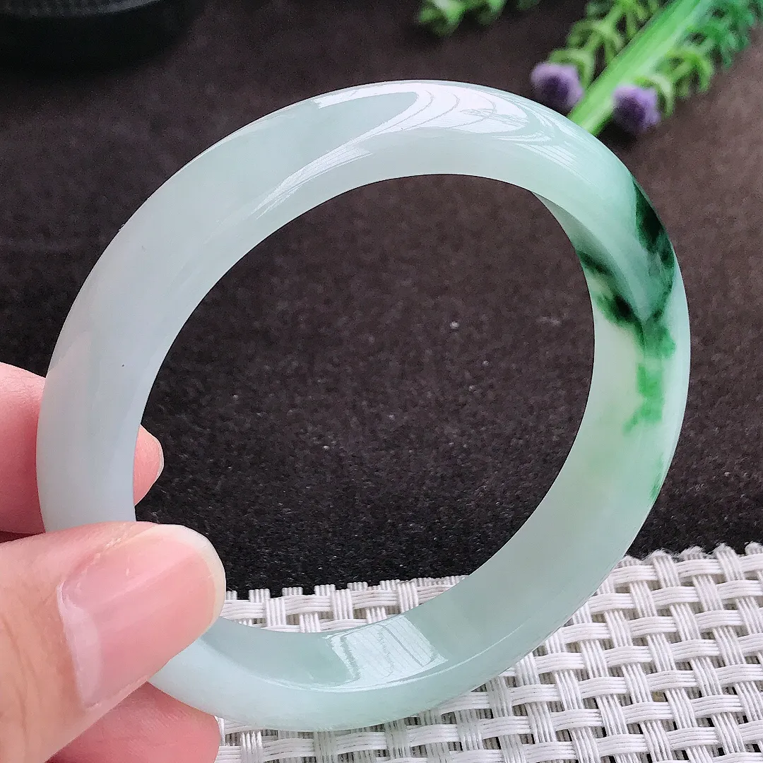 自然光57.5/12/8老坑冰胶果冻飘花手镯宽边翡翠玉镯手环
