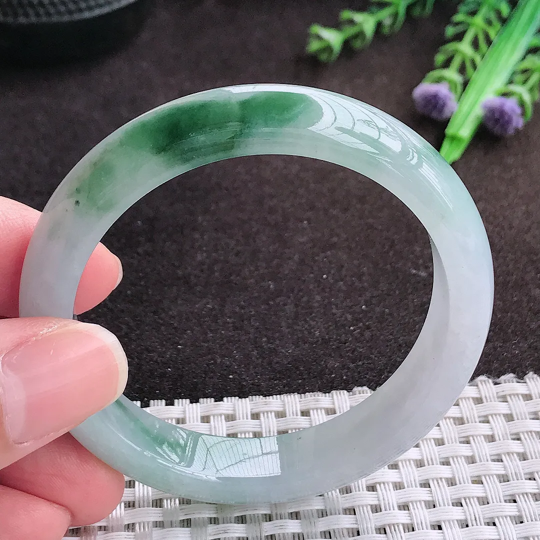 自然光51.8/11.2/7.5老坑冰胶水灵飘花手镯小圈口宽边翡翠玉镯手环
