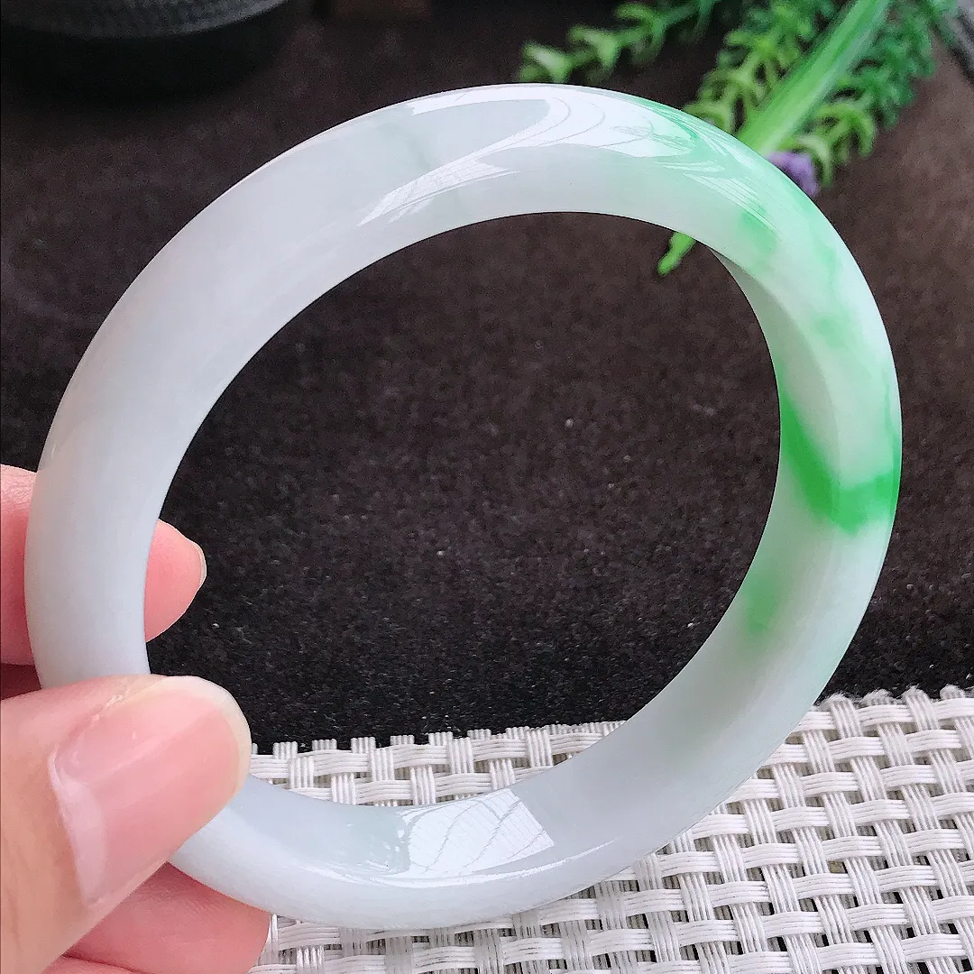 自然光52/12.5/8.5老坑精美冰润白底青飘阳绿手镯宽边翡翠玉镯手环