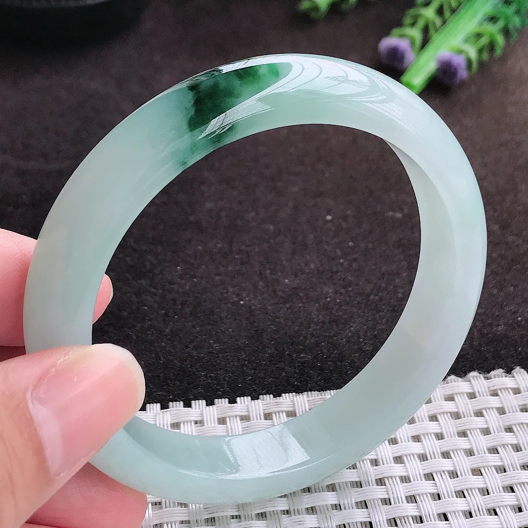 自然光57.5/12/8老坑冰胶果冻飘花手镯宽边翡翠玉镯手环