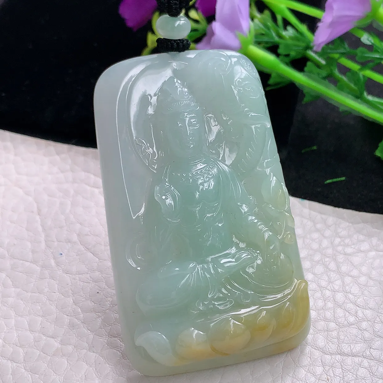 mut自然光69*41.2*12天然缅甸翡翠黄加绿坐莲观音吊坠普贤观音菩萨