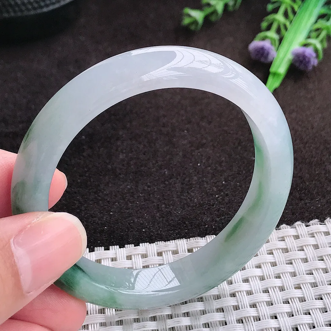 自然光51.8/11.2/7.5老坑冰胶水灵飘花手镯小圈口宽边翡翠玉镯手环