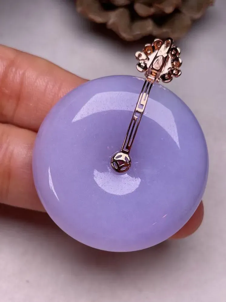 冰糯种紫罗兰平安扣吊坠、真金真钻镶嵌，种水好，玉质细腻 .裸石尺寸 34.8