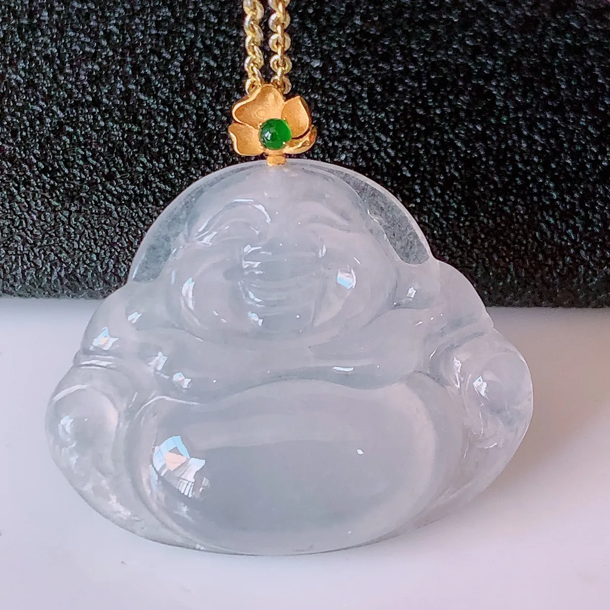 18K金镶嵌冰种翡翠佛公吊坠，种老水足，雕工精湛 ，寓意美好，佩戴时尚出众！#41.26整体27.5-裸石28.5*22.5-5.5