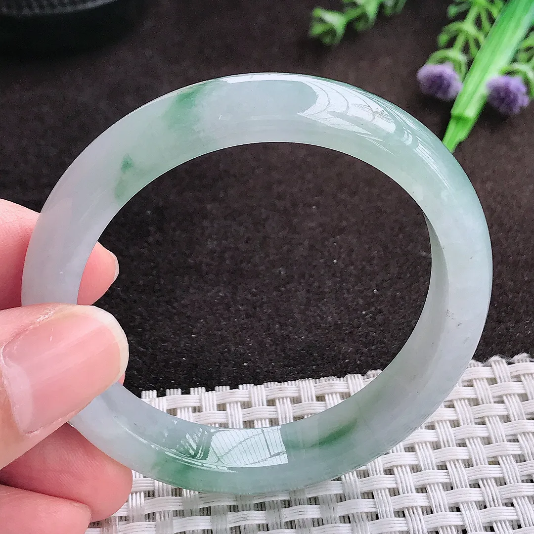 自然光51.8/11.2/7.5老坑冰胶水灵飘花手镯小圈口宽边翡翠玉镯手环