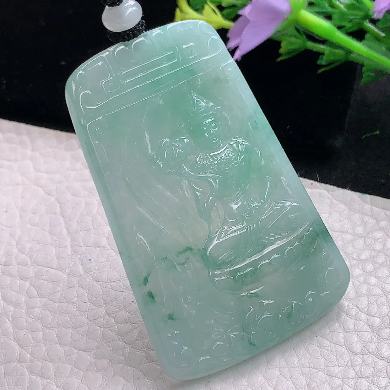 mut自然光65.5*43*4.8天然缅甸翡翠飘花坐莲观音吊坠四六牌大势至菩萨