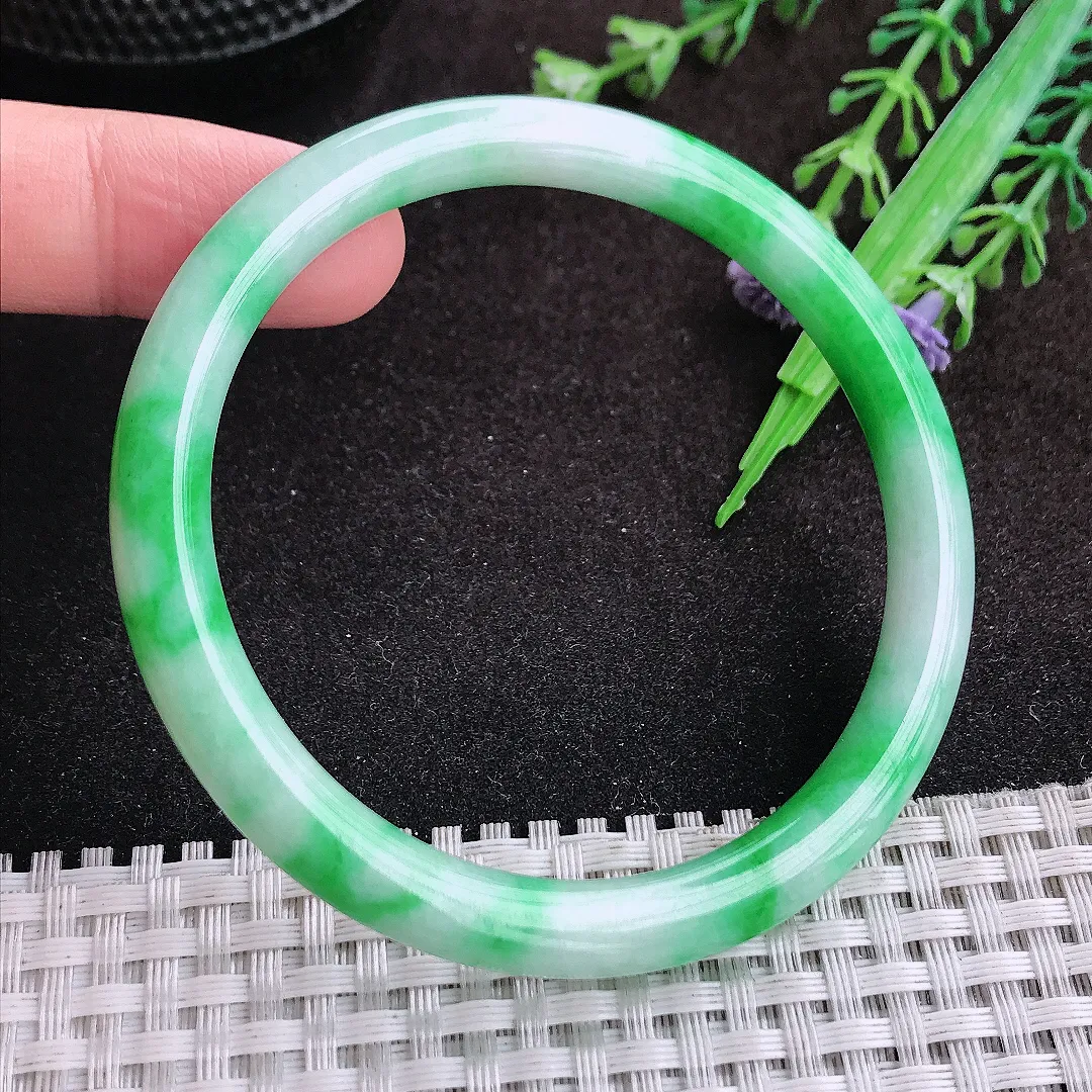 自然光58.5/7/7.2老坑精美飘绿辣阳绿圆条手镯翡翠玉镯手环