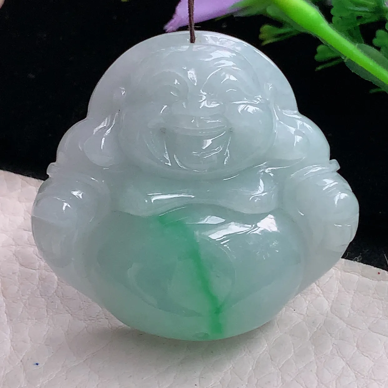 zen43.8*47.6*12.8自然光天然缅甸翡翠飘绿大佛公 开心佛玉吊坠 毛衣坠