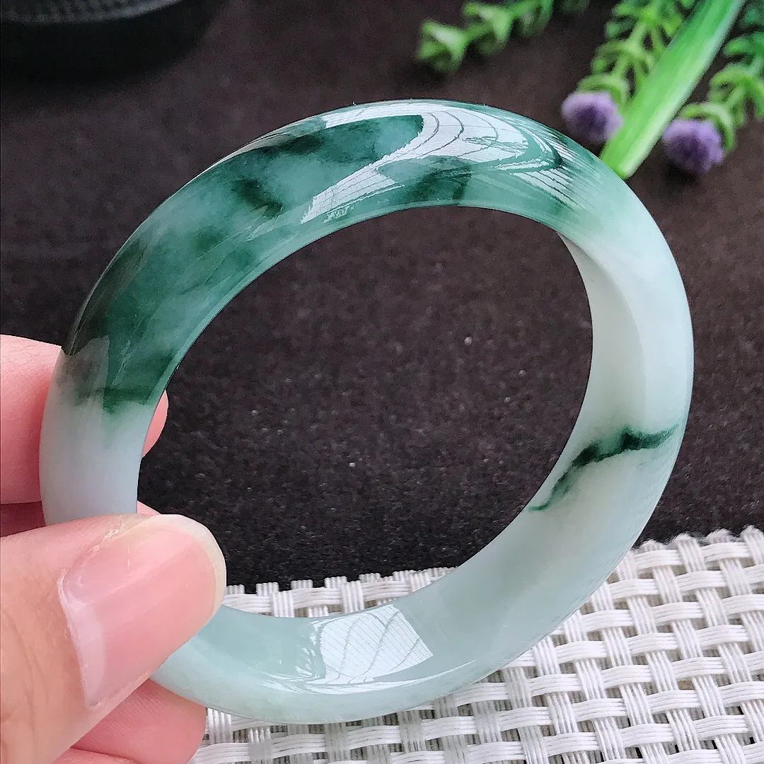 自然光53/13.8/8老坑精美温润飘花手镯宽边翡翠玉镯手环