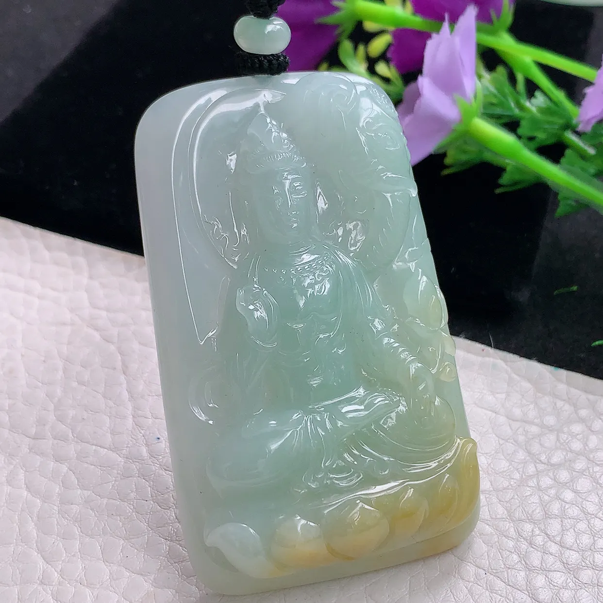 mut自然光69*41.2*12天然缅甸翡翠黄加绿坐莲观音吊坠普贤观音菩萨