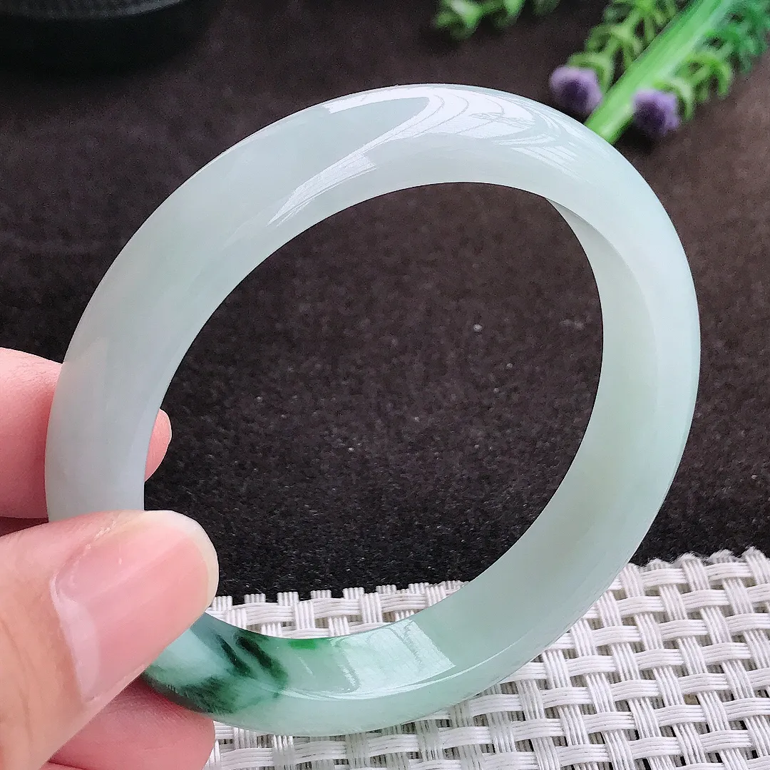 自然光57.5/12/8老坑冰胶果冻飘花手镯宽边翡翠玉镯手环