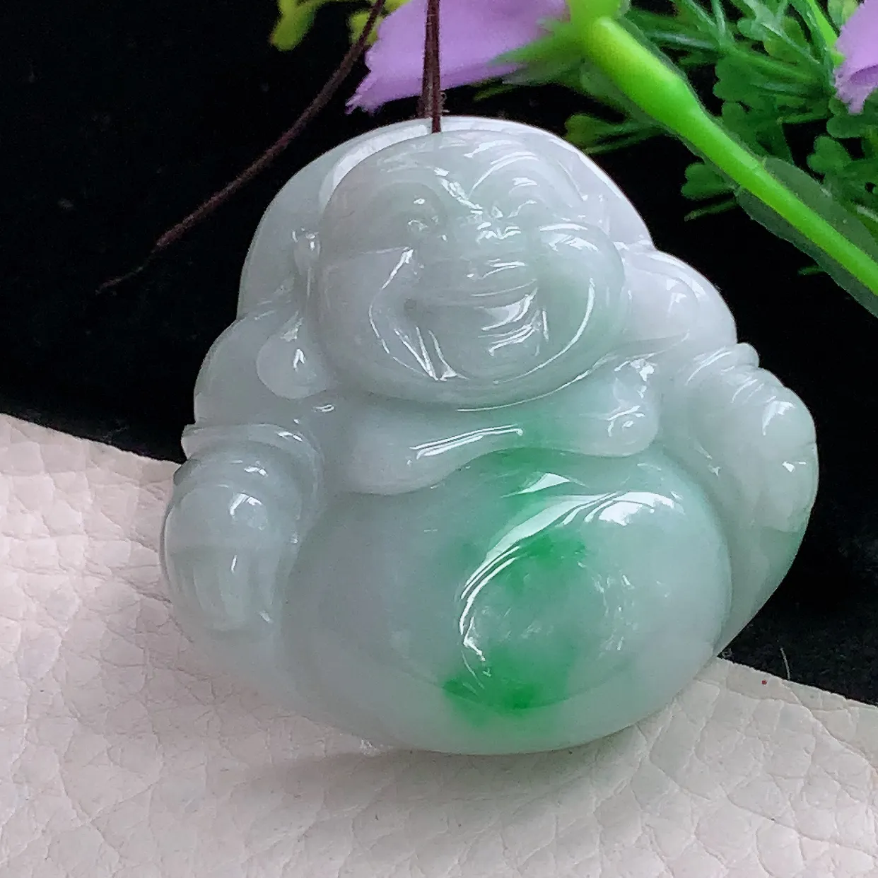 zen43.6*45.8*12.8自然光天然缅甸翡翠飘绿大佛公 开心佛玉吊坠 毛衣坠