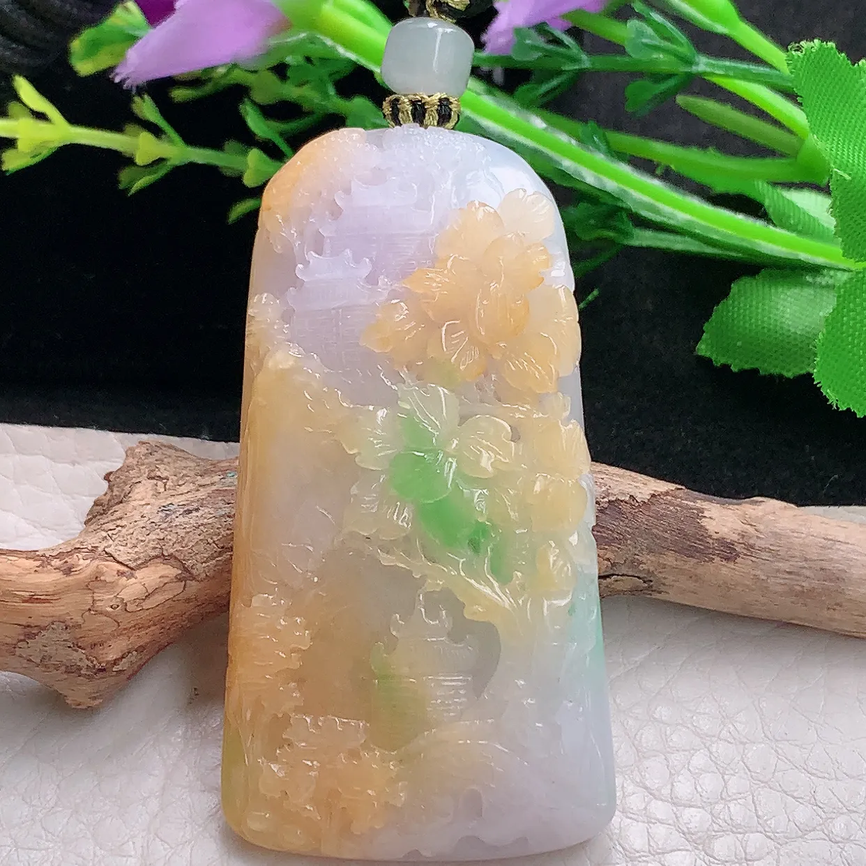 yl自然光59*31.3*11.3天然缅甸翡翠三彩山水 大好河山玉吊坠