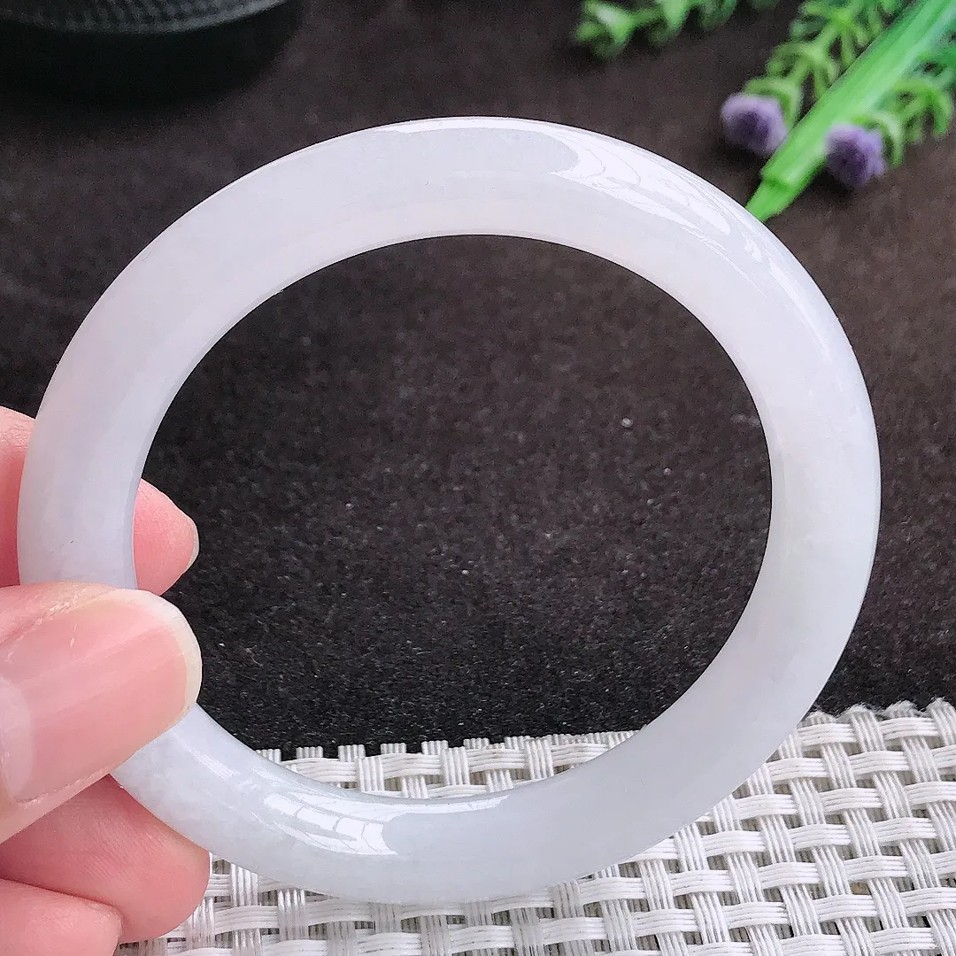 自然光54/9老坑冰润起胶月光白圆条手镯翡翠玉镯手环