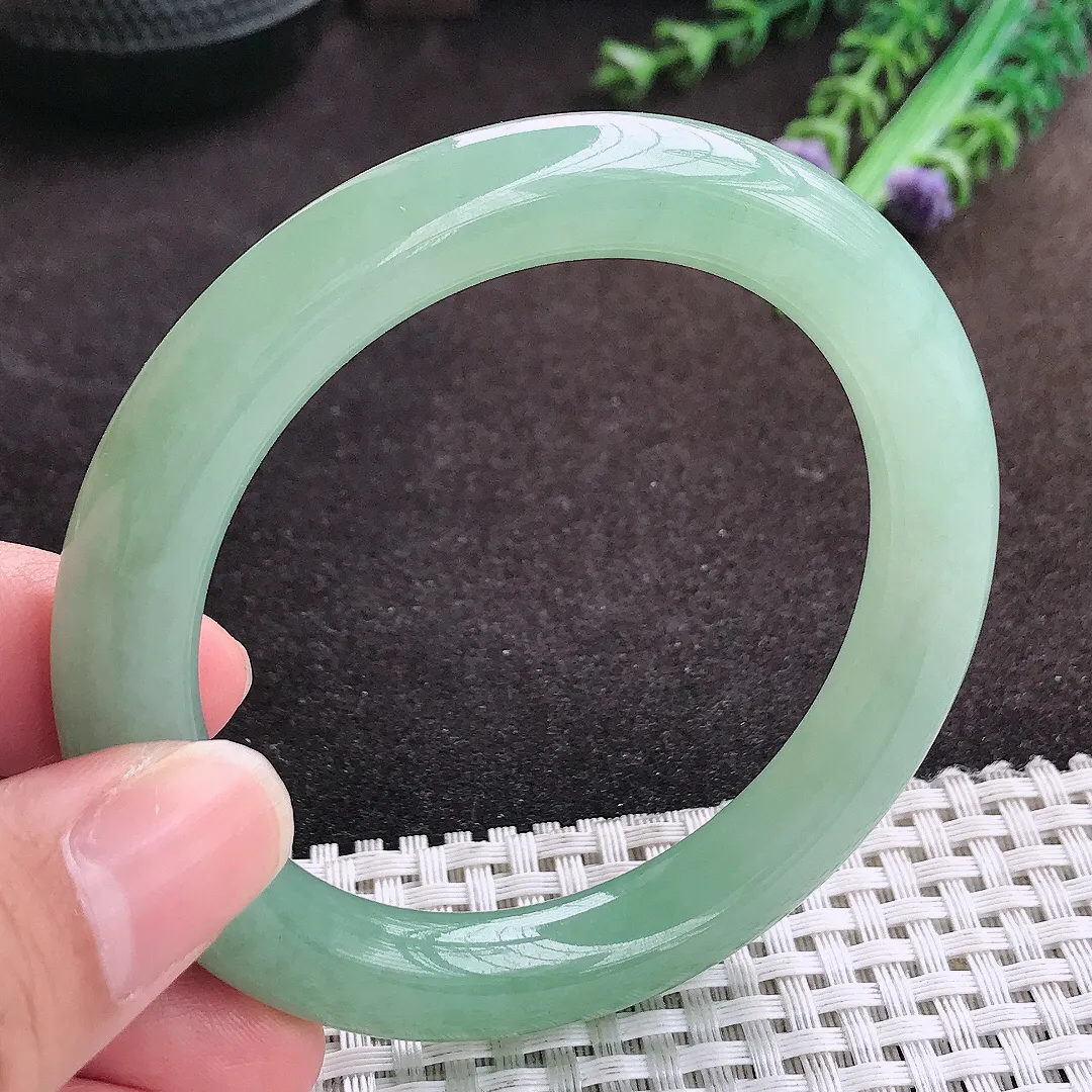 自然光56/9.9/10老坑冰胶果冻冰晴甜绿圆条手镯翡翠玉镯手环