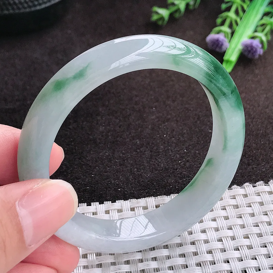 自然光51.8/11.2/7.5老坑冰胶水灵飘花手镯小圈口宽边翡翠玉镯手环