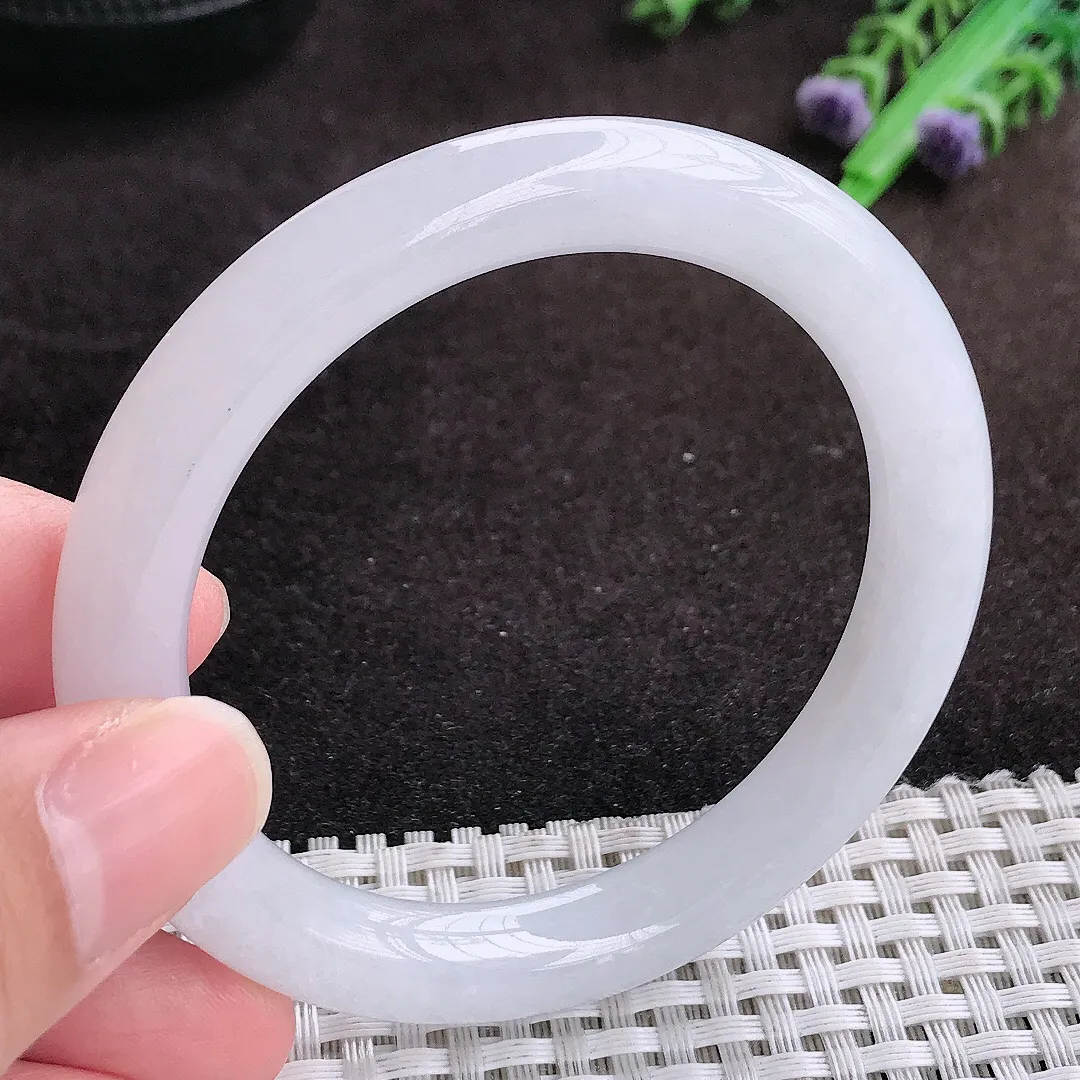 自然光54/9老坑冰润起胶月光白圆条手镯翡翠玉镯手环