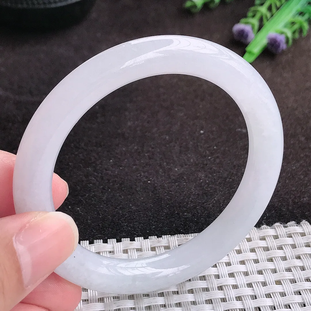 自然光54/9老坑冰润起胶月光白圆条手镯翡翠玉镯手环