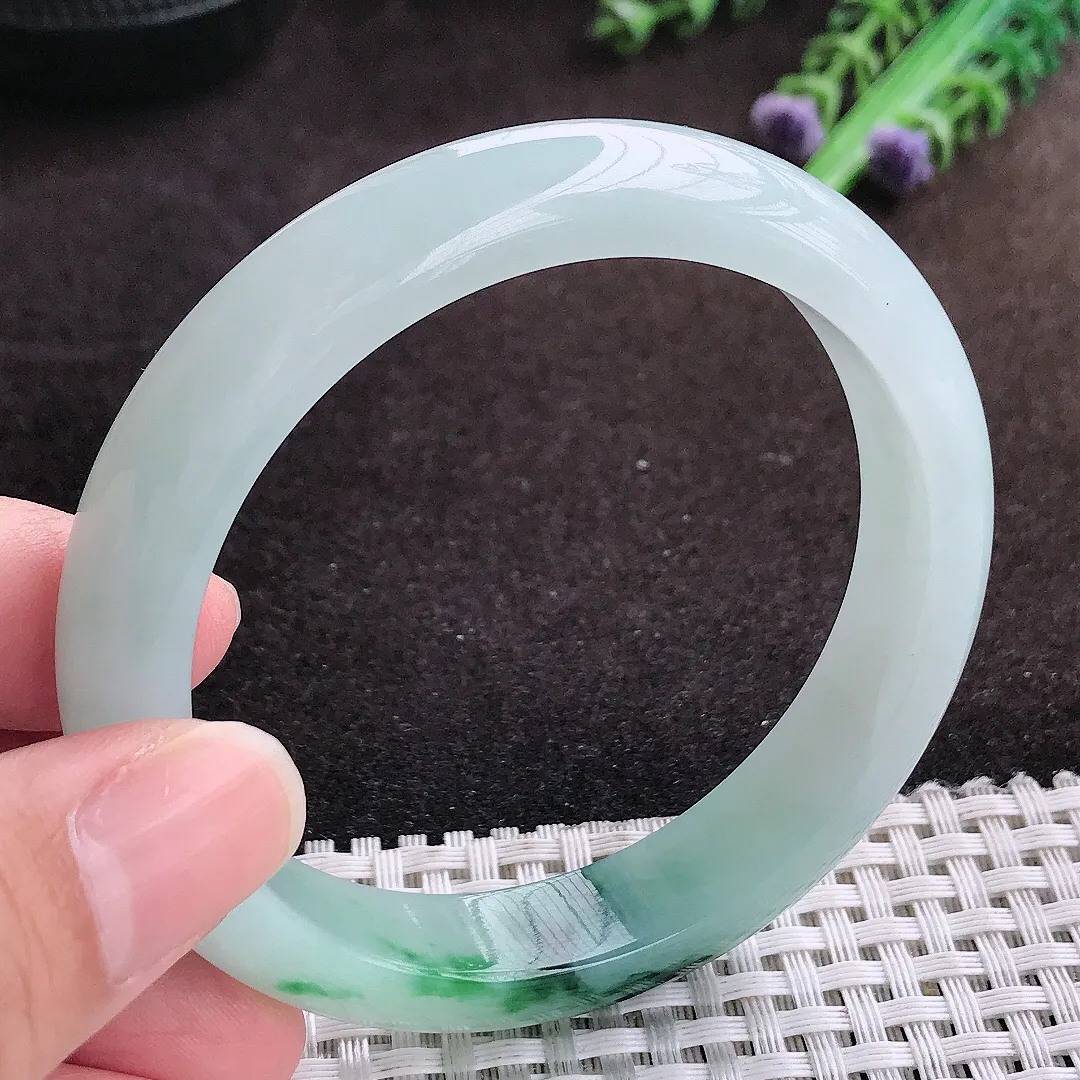 自然光57.5/12/8老坑冰胶果冻飘花手镯宽边翡翠玉镯手环