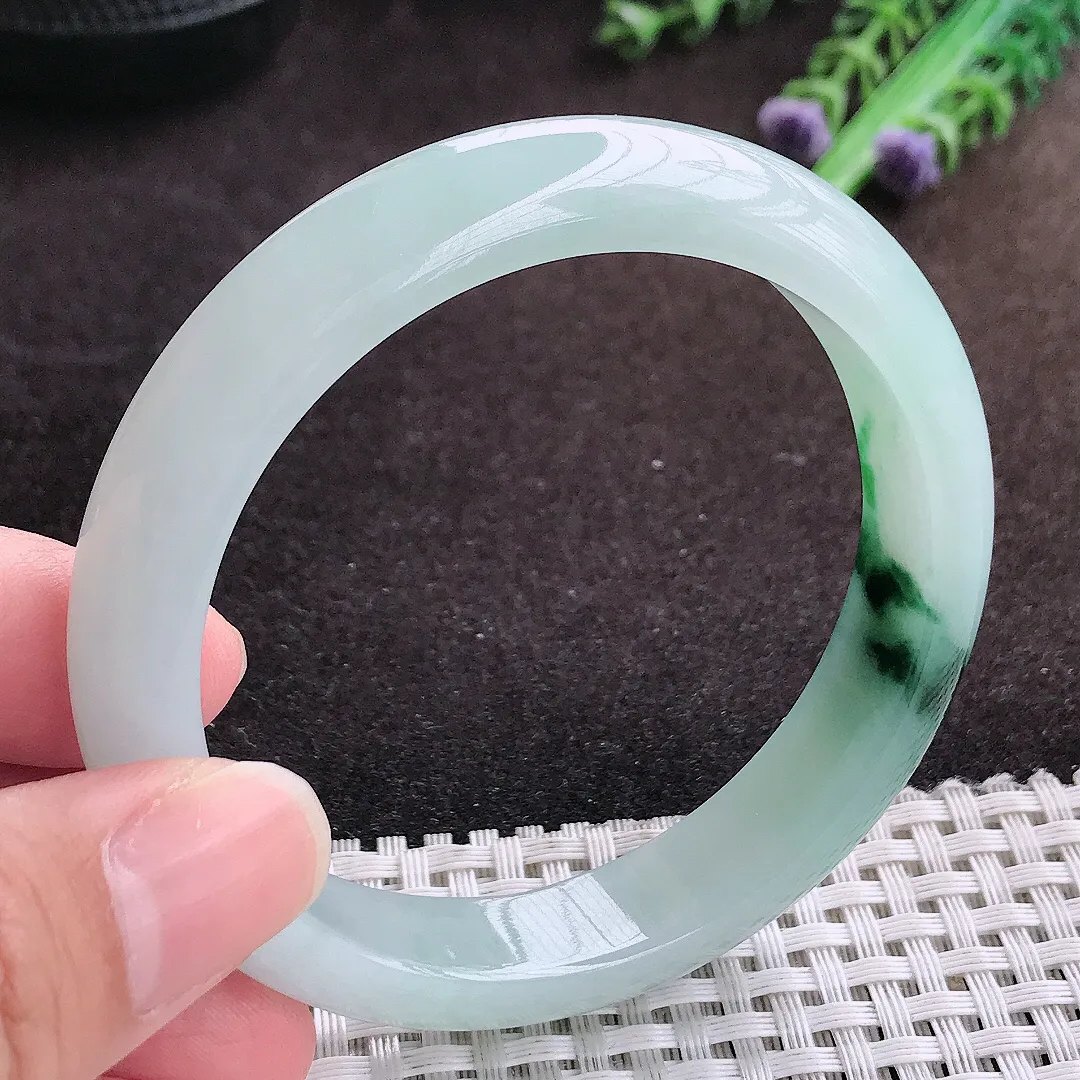 自然光57.5/12/8老坑冰胶果冻飘花手镯宽边翡翠玉镯手环