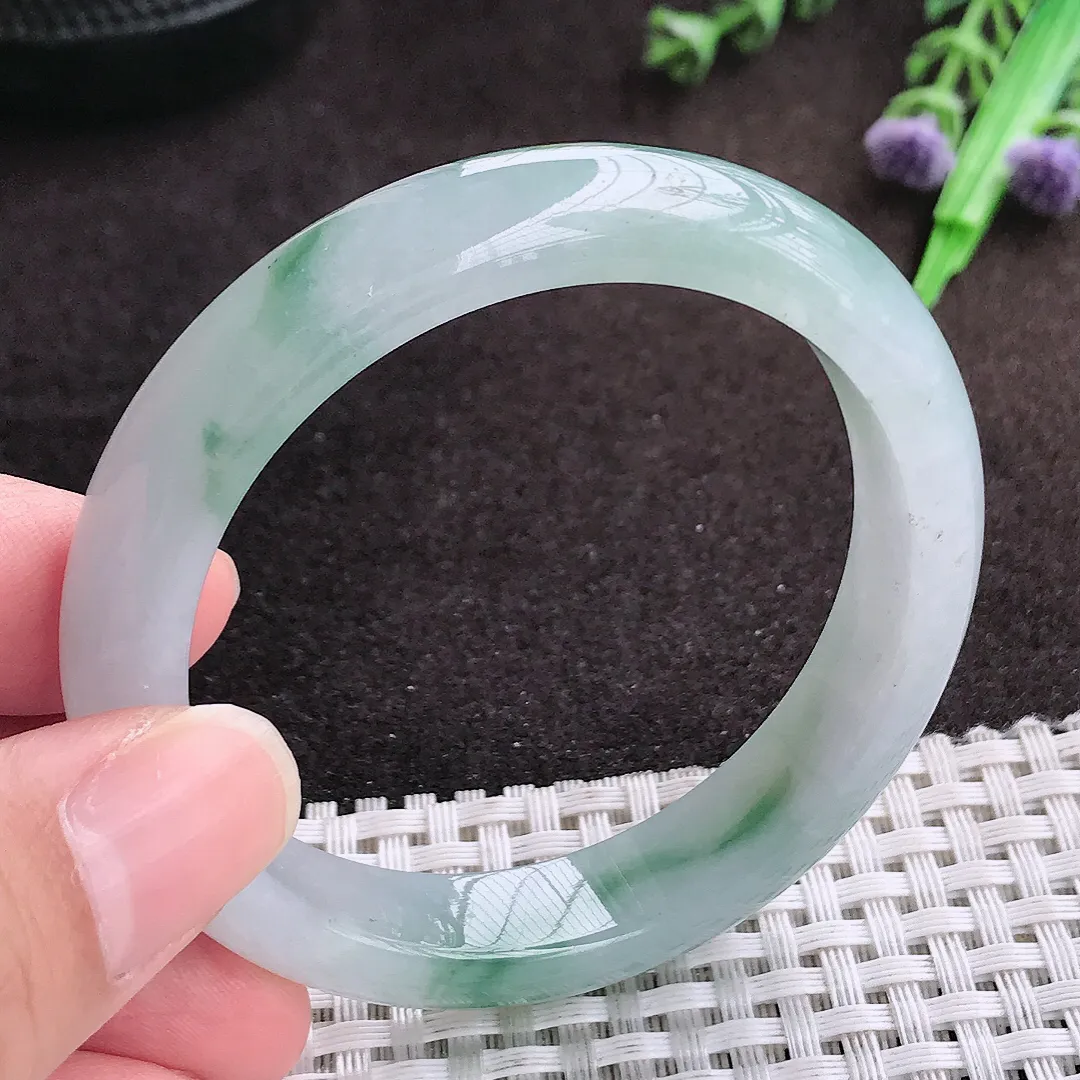 自然光51.8/11.2/7.5老坑冰胶水灵飘花手镯小圈口宽边翡翠玉镯手环