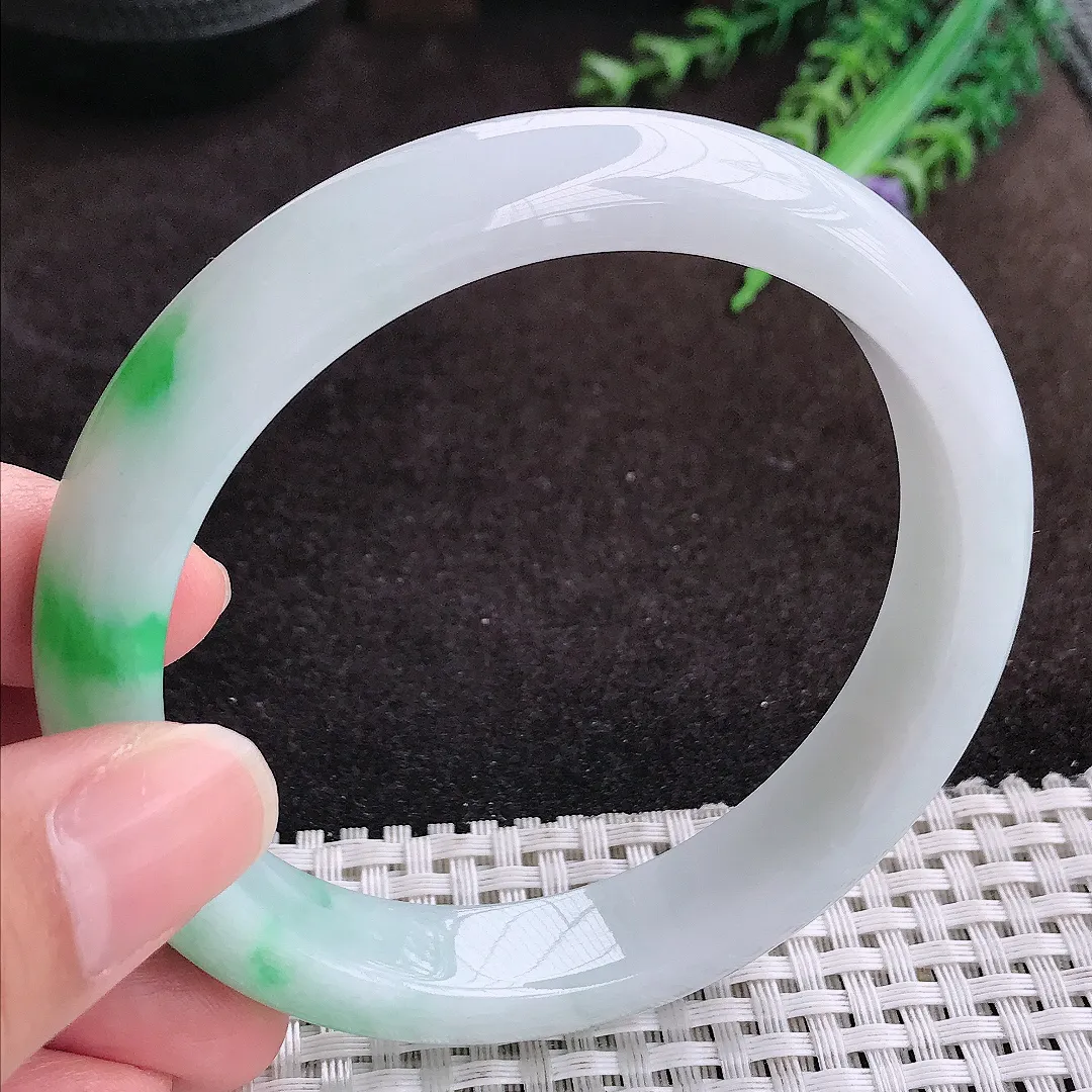 自然光52/12.5/8.5老坑精美冰润白底青飘阳绿手镯宽边翡翠玉镯手环