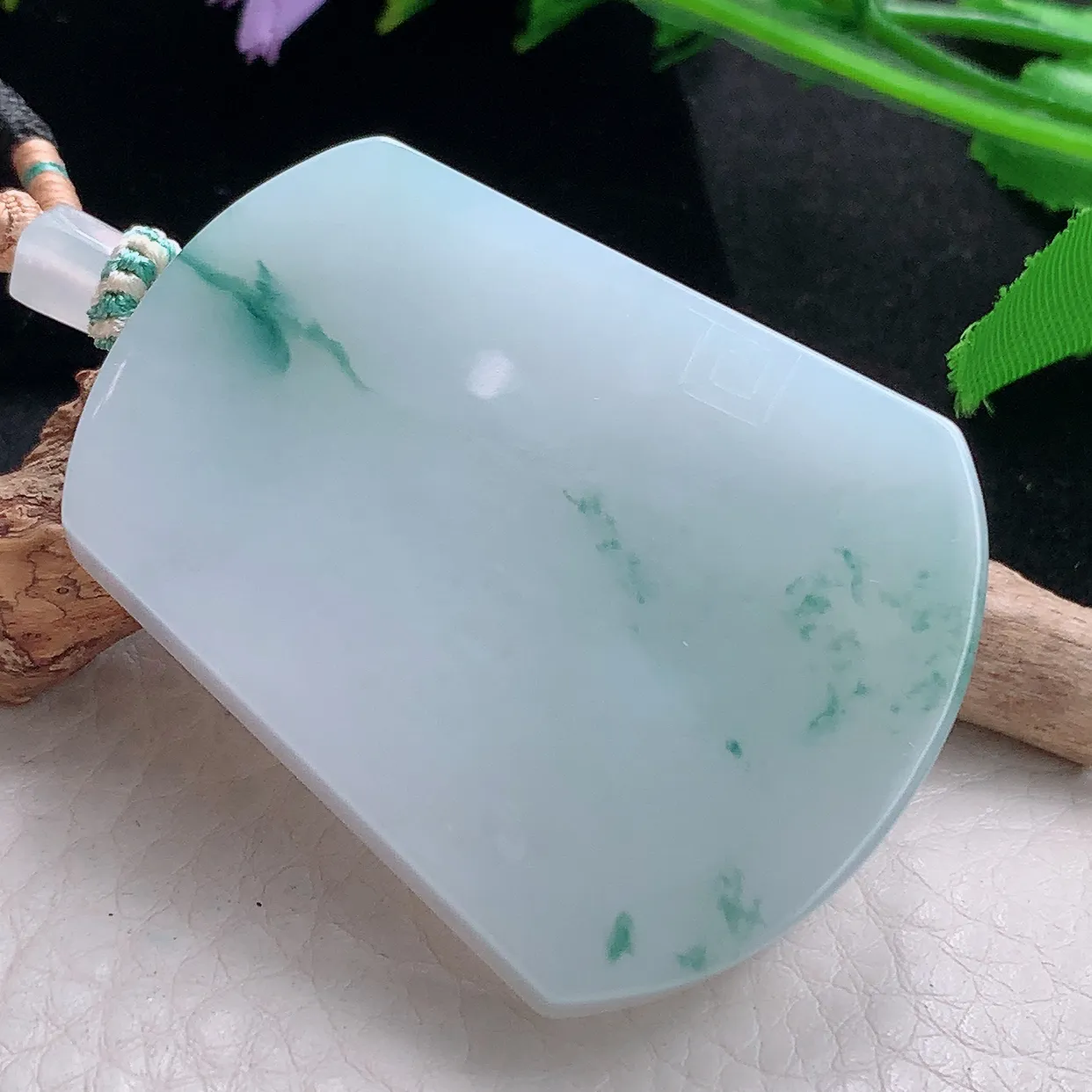 yl自然光51.5*40.6*8天然缅甸翡翠飘花平安无事牌 素面牌玉吊坠