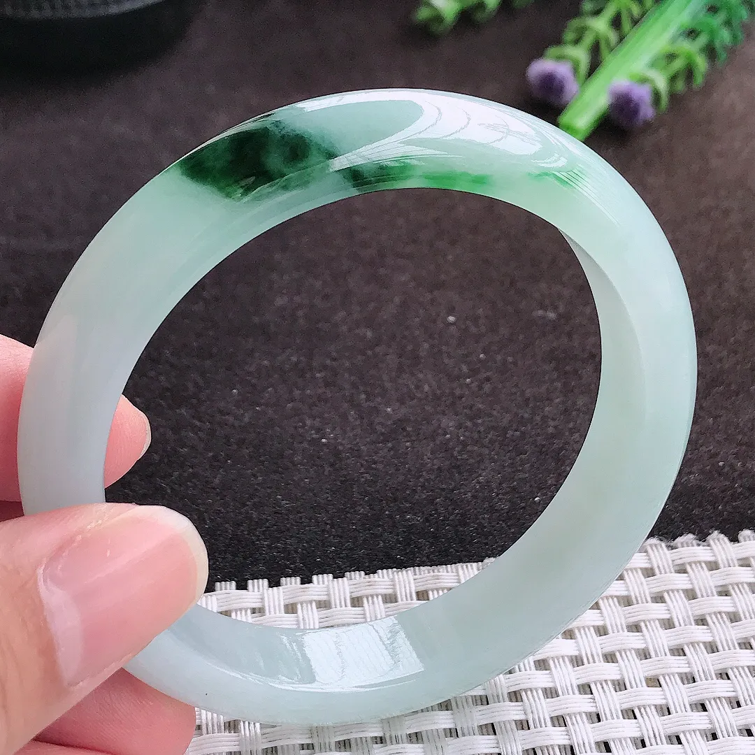 自然光57.5/12/8老坑冰胶果冻飘花手镯宽边翡翠玉镯手环