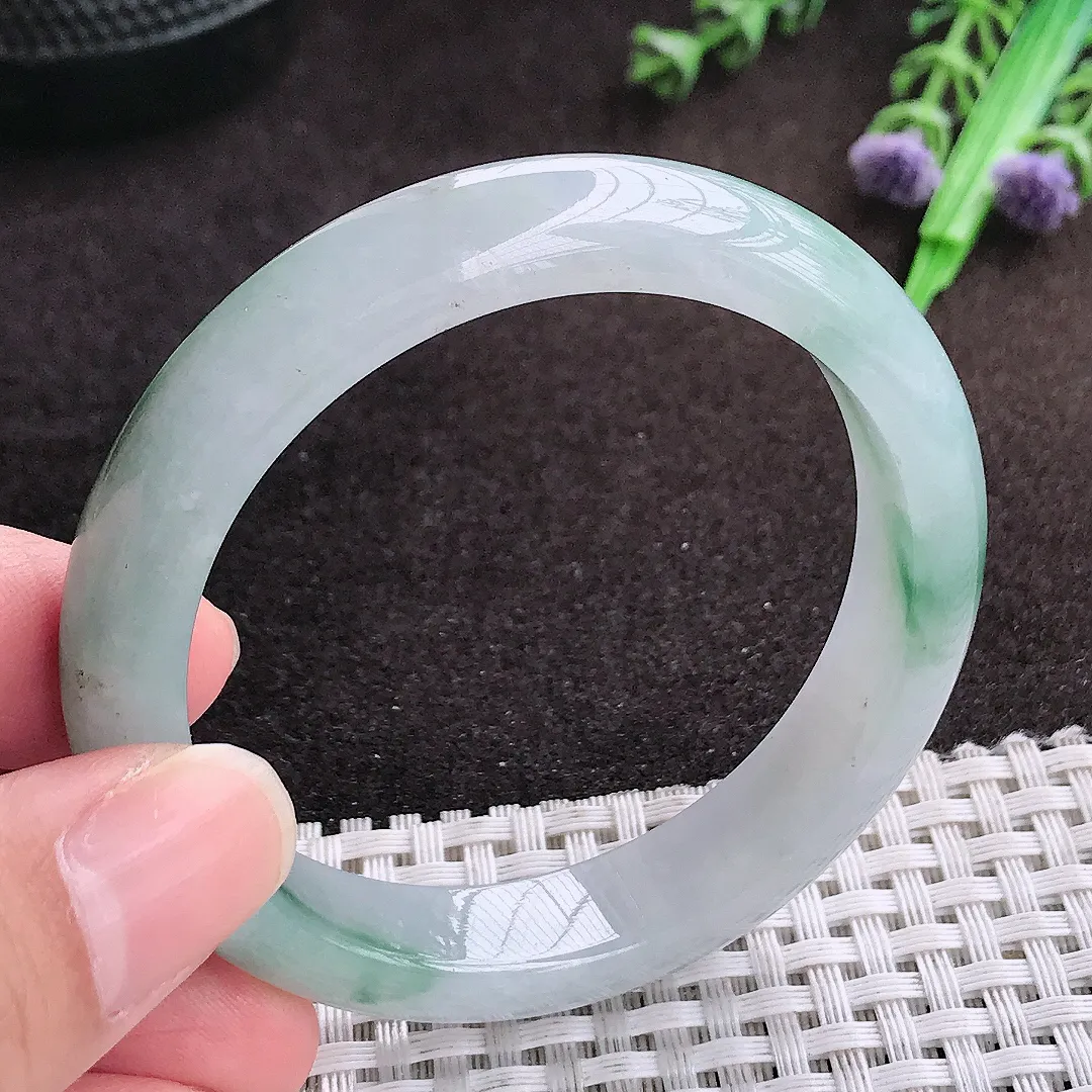 自然光51.8/11.2/7.5老坑冰胶水灵飘花手镯小圈口宽边翡翠玉镯手环