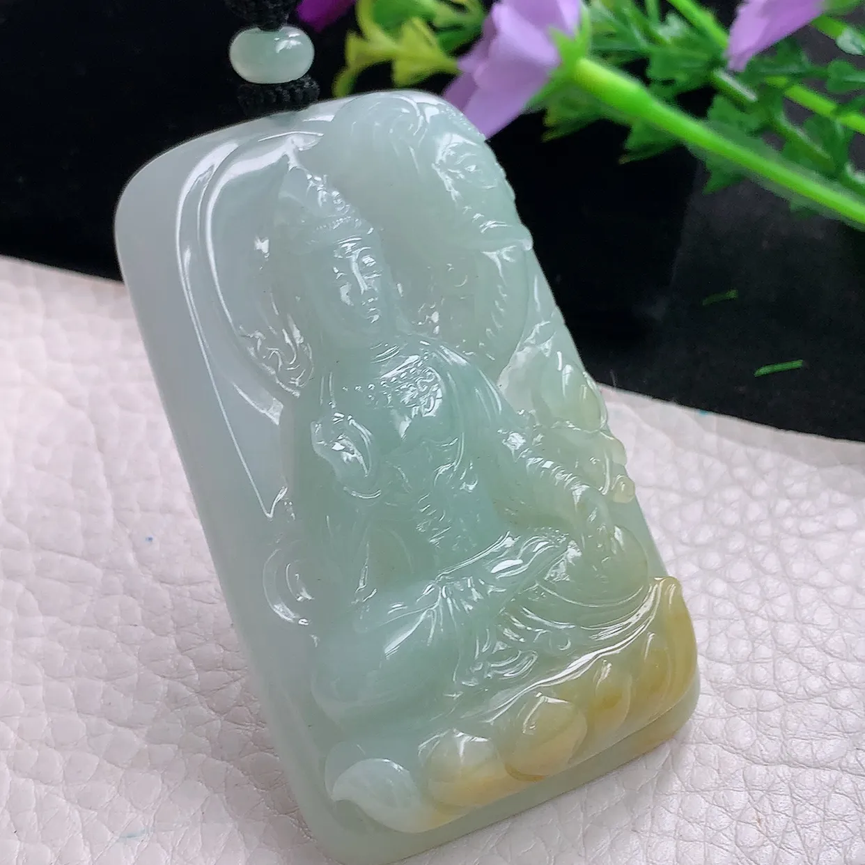 mut自然光69*41.2*12天然缅甸翡翠黄加绿坐莲观音吊坠普贤观音菩萨