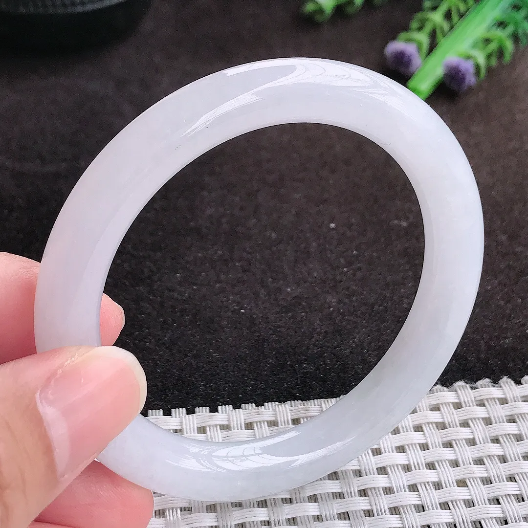 自然光54/9老坑冰润起胶月光白圆条手镯翡翠玉镯手环