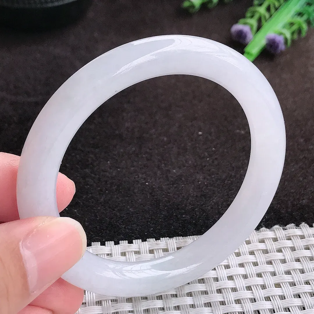 自然光54/9老坑冰润起胶月光白圆条手镯翡翠玉镯手环