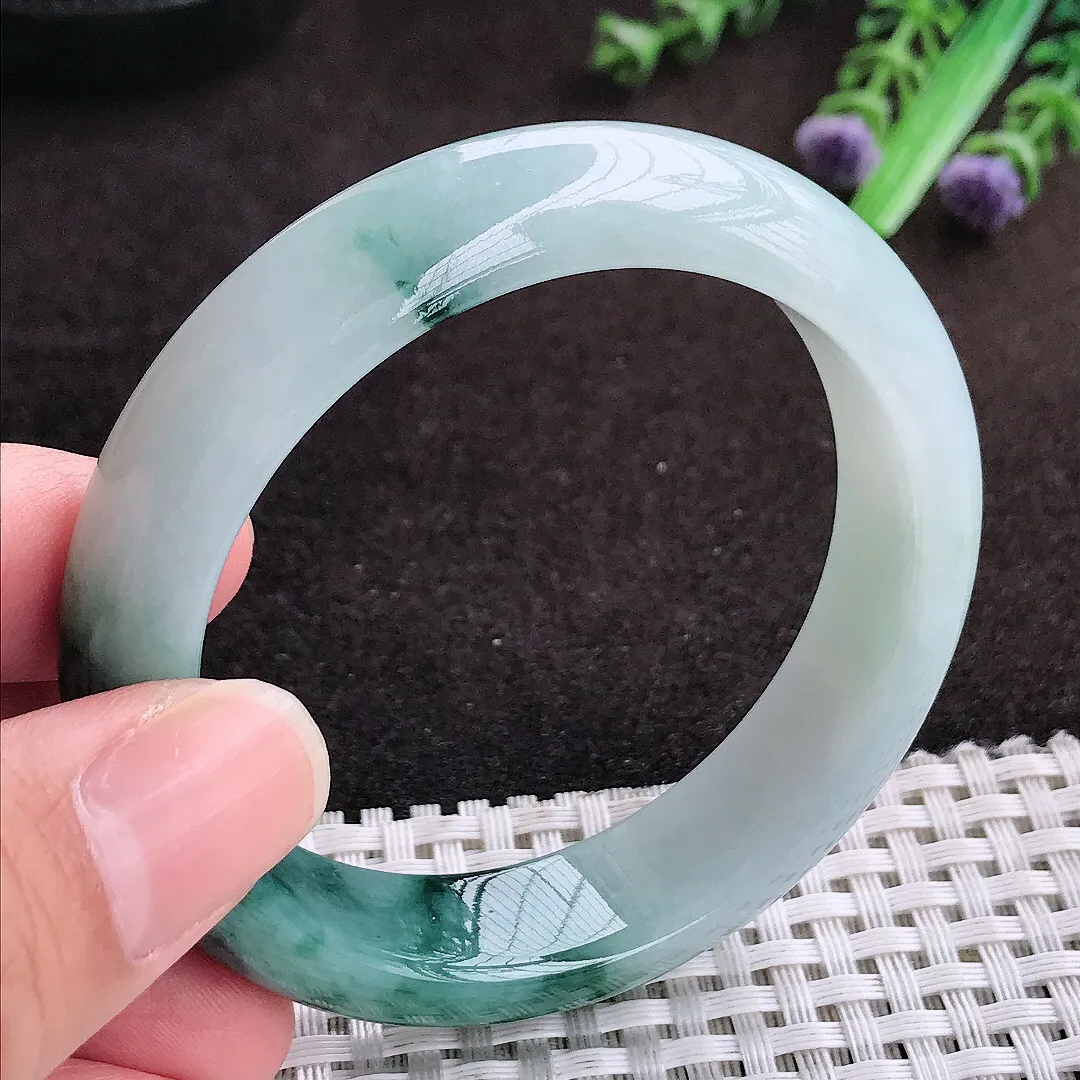 自然光53/13.8/8老坑精美温润飘花手镯宽边翡翠玉镯手环