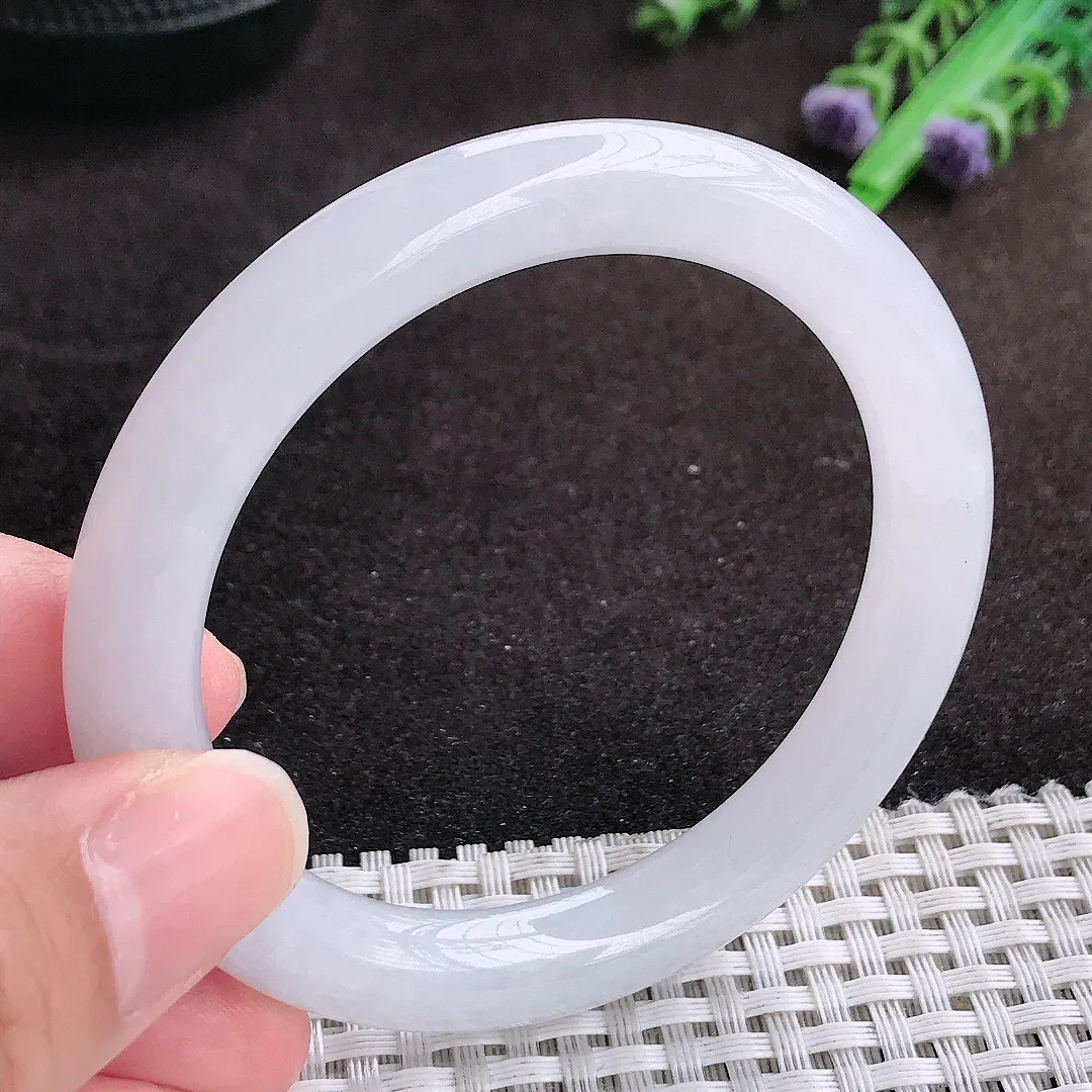 自然光54/9老坑冰润起胶月光白圆条手镯翡翠玉镯手环