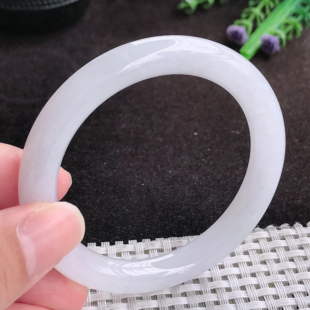 自然光54/9老坑冰润起胶月光白圆条手镯翡翠玉镯手环