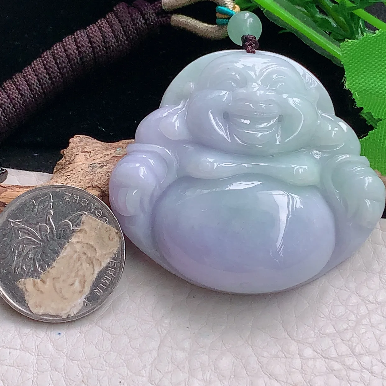 zen46*54*12.5自然光天然缅甸翡翠春带彩大佛公 开心佛玉吊坠 毛衣坠