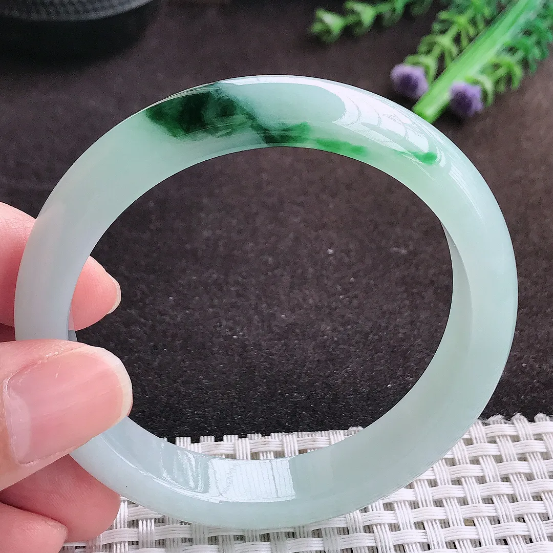 自然光57.5/12/8老坑冰胶果冻飘花手镯宽边翡翠玉镯手环