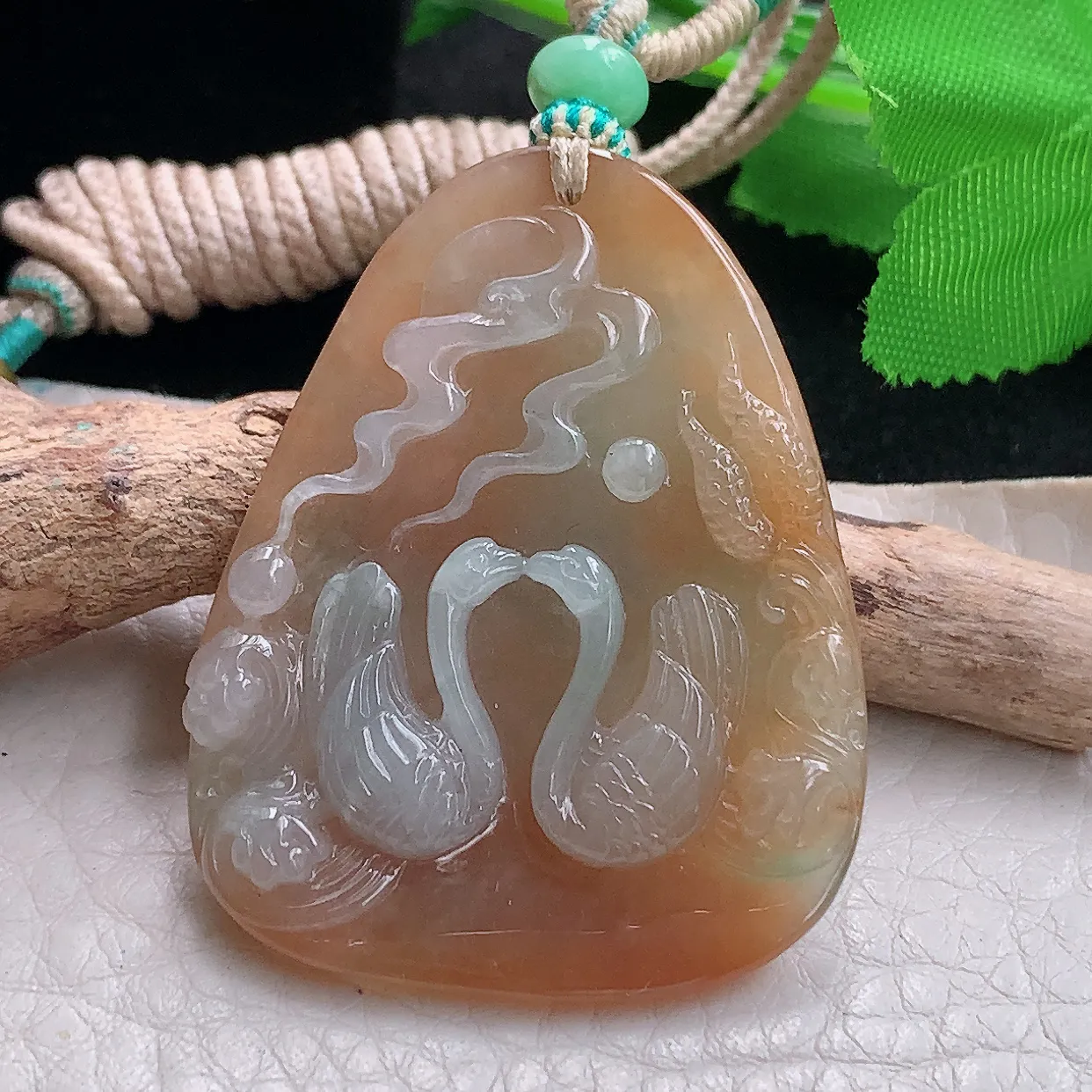 mut自然耀43*34.5*6.2天然缅甸翡翠黄翡双彩巧雕百年好合吊坠