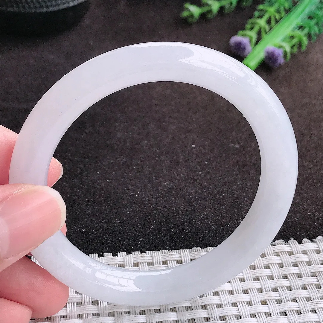 自然光54/9老坑冰润起胶月光白圆条手镯翡翠玉镯手环