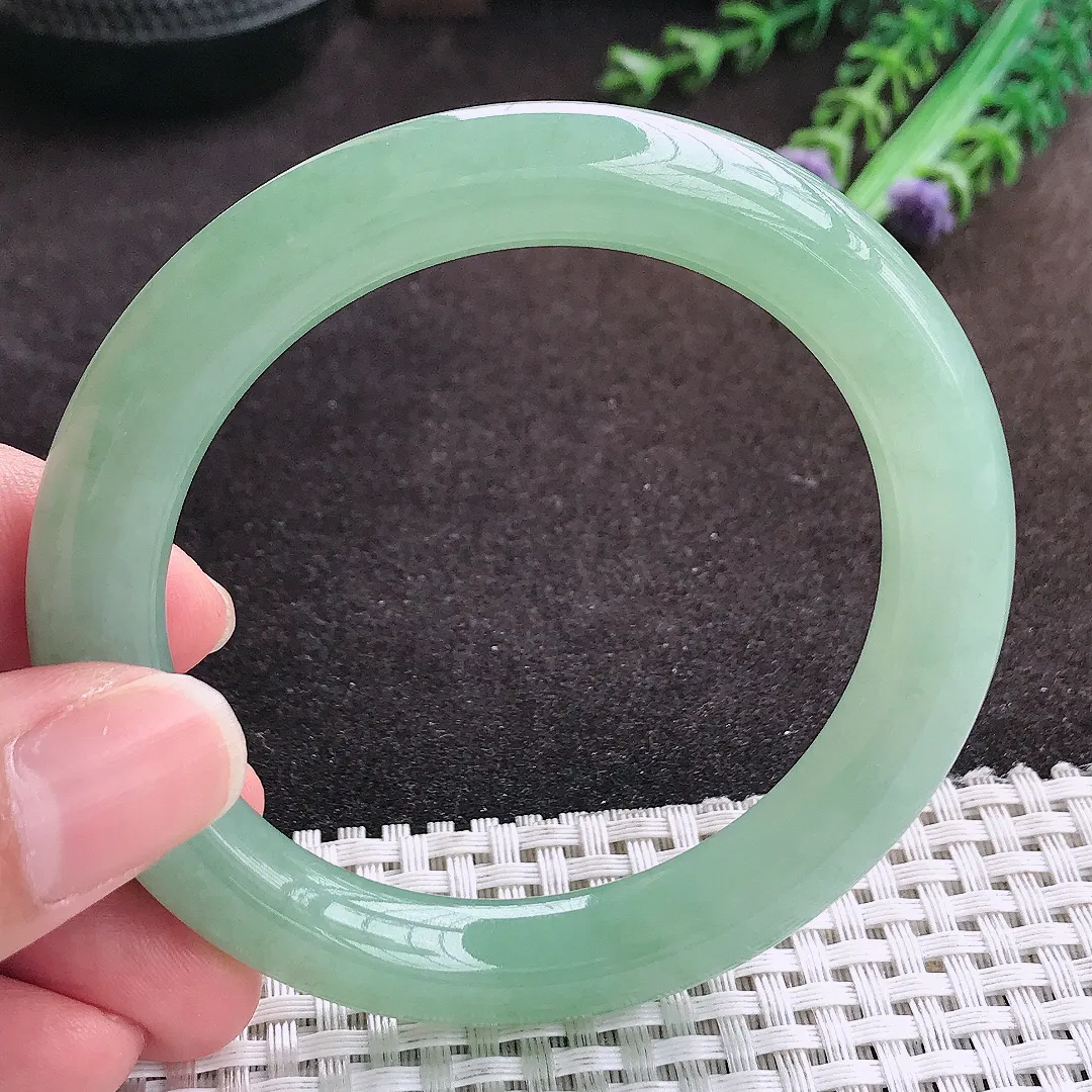 自然光56/9.9/10老坑冰胶果冻冰晴甜绿圆条手镯翡翠玉镯手环