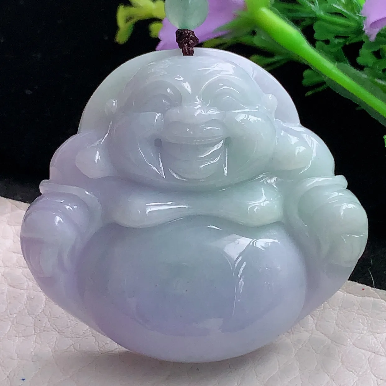 zen46*54*12.5自然光天然缅甸翡翠春带彩大佛公 开心佛玉吊坠 毛衣坠