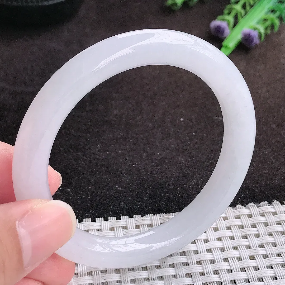 自然光54/9老坑冰润起胶月光白圆条手镯翡翠玉镯手环