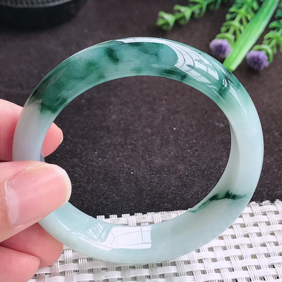 自然光53/13.8/8老坑精美温润飘花手镯宽边翡翠玉镯手环